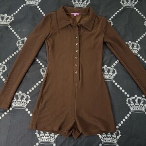 Edikted Brown Ribbed Collared Romper